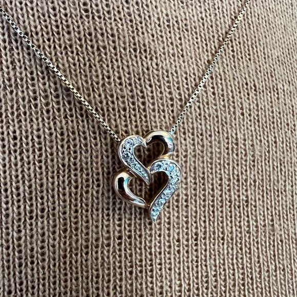 925 silver gold plate CZ rhinestones double link hearts necklace Valentine gift - Picture 2 of 8